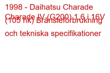 1998 - Daihatsu Charade
Charade IV (G200) 1,6 i 16V (105 hk) Bränsleförbrukning och tekniska specifikationer