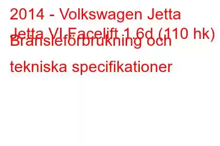 2014 - Volkswagen Jetta
Jetta VI Facelift 1.6d (110 hk) Bränsleförbrukning och tekniska specifikationer