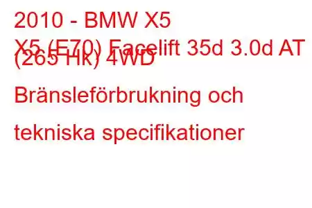 2010 - BMW X5
X5 (E70) Facelift 35d 3.0d AT (265 Hk) 4WD Bränsleförbrukning och tekniska specifikationer