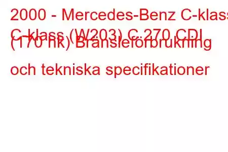 2000 - Mercedes-Benz C-klass
C-klass (W203) C 270 CDI (170 hk) Bränsleförbrukning och tekniska specifikationer