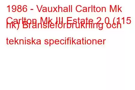 1986 - Vauxhall Carlton Mk
Carlton Mk III Estate 2.0 (115 hk) Bränsleförbrukning och tekniska specifikationer