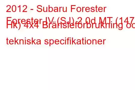 2012 - Subaru Forester
Forester IV (SJ) 2.0d MT (147 Hk) 4x4 Bränsleförbrukning och tekniska specifikationer