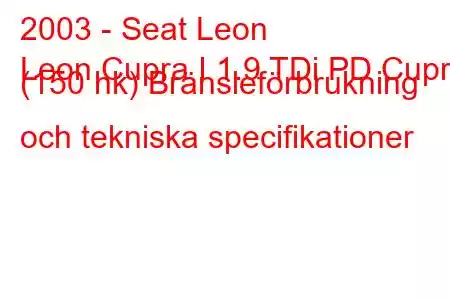 2003 - Seat Leon
Leon Cupra I 1.9 TDi PD Cupra (150 hk) Bränsleförbrukning och tekniska specifikationer