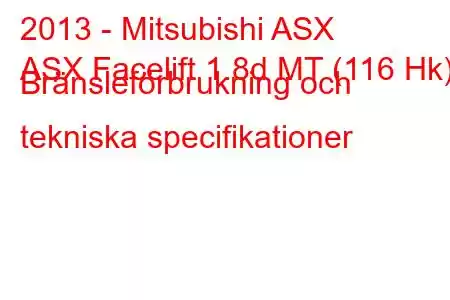 2013 - Mitsubishi ASX
ASX Facelift 1.8d MT (116 Hk) Bränsleförbrukning och tekniska specifikationer