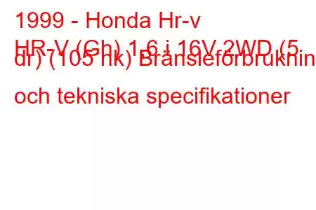 1999 - Honda Hr-v
HR-V (Gh) 1,6 i 16V 2WD (5 dr) (105 hk) Bränsleförbrukning och tekniska specifikationer