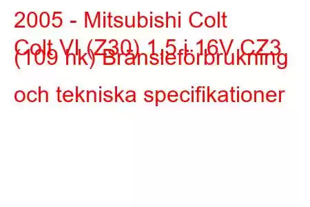 2005 - Mitsubishi Colt
Colt VI (Z30) 1,5 i 16V CZ3 (109 hk) Bränsleförbrukning och tekniska specifikationer