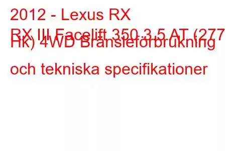 2012 - Lexus RX
RX III Facelift 350 3.5 AT (277 Hk) 4WD Bränsleförbrukning och tekniska specifikationer