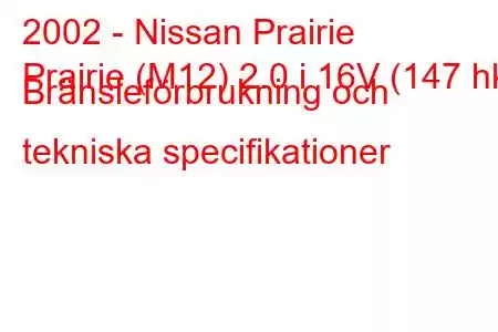 2002 - Nissan Prairie
Prairie (M12) 2.0 i 16V (147 hk) Bränsleförbrukning och tekniska specifikationer