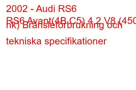 2002 - Audi RS6
RS6 Avant(4B,C5) 4.2 V8 (450 hk) Bränsleförbrukning och tekniska specifikationer