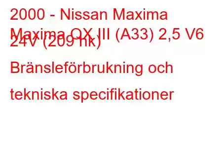 2000 - Nissan Maxima
Maxima QX III (A33) 2,5 V6 24V (209 hk) Bränsleförbrukning och tekniska specifikationer