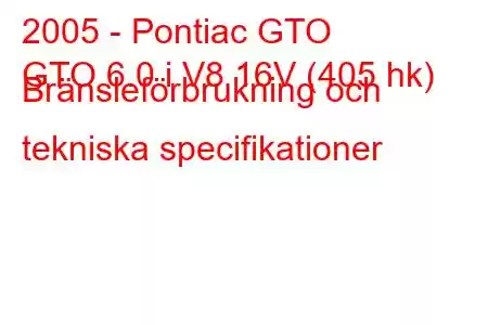 2005 - Pontiac GTO
GTO 6.0 i V8 16V (405 hk) Bränsleförbrukning och tekniska specifikationer