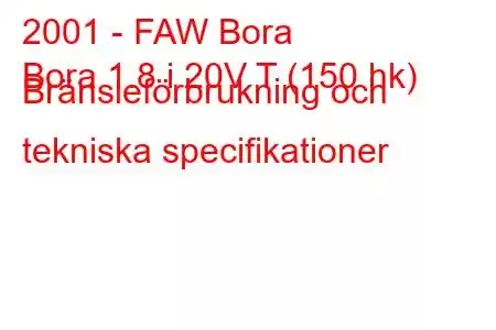 2001 - FAW Bora
Bora 1.8 i 20V T (150 hk) Bränsleförbrukning och tekniska specifikationer