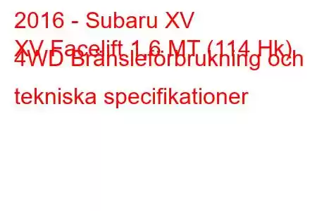 2016 - Subaru XV
XV Facelift 1,6 MT (114 Hk) 4WD Bränsleförbrukning och tekniska specifikationer