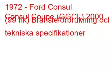 1972 - Ford Consul
Consul Coupe (GGCL) 2000 (99 hk) Bränsleförbrukning och tekniska specifikationer