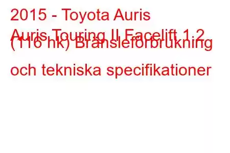 2015 - Toyota Auris
Auris Touring II Facelift 1.2 (116 hk) Bränsleförbrukning och tekniska specifikationer