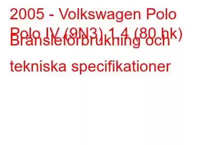 2005 - Volkswagen Polo
Polo IV (9N3) 1,4 (80 hk) Bränsleförbrukning och tekniska specifikationer