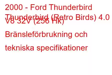 2000 - Ford Thunderbird
Thunderbird (Retro Birds) 4.0 i V8 32V (256 Hk) Bränsleförbrukning och tekniska specifikationer