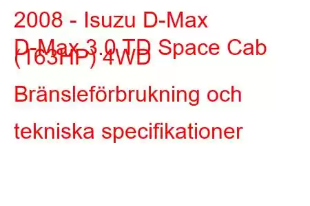 2008 - Isuzu D-Max
D-Max 3.0 TD Space Cab (163HP) 4WD Bränsleförbrukning och tekniska specifikationer