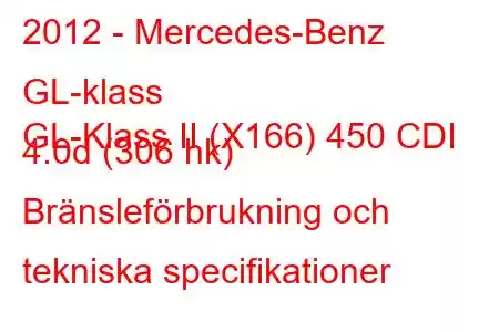 2012 - Mercedes-Benz GL-klass
GL-Klass II (X166) 450 CDI 4.0d (306 hk) Bränsleförbrukning och tekniska specifikationer