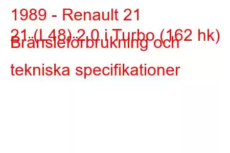 1989 - Renault 21
21 (L48) 2.0 i Turbo (162 hk) Bränsleförbrukning och tekniska specifikationer