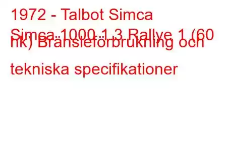 1972 - Talbot Simca
Simca 1000 1.3 Rallye 1 (60 hk) Bränsleförbrukning och tekniska specifikationer