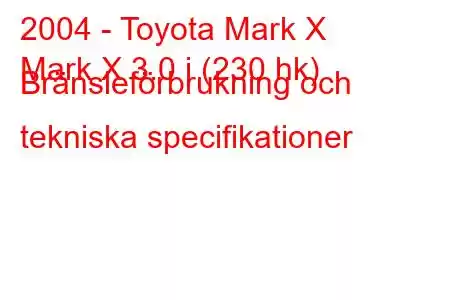 2004 - Toyota Mark X
Mark X 3.0 i (230 hk) Bränsleförbrukning och tekniska specifikationer