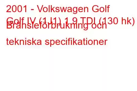 2001 - Volkswagen Golf
Golf IV (1J1) 1.9 TDI (130 hk) Bränsleförbrukning och tekniska specifikationer