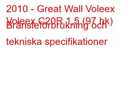 2010 - Great Wall Voleex
Voleex C20R 1,5 (97 hk) Bränsleförbrukning och tekniska specifikationer