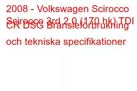 2008 - Volkswagen Scirocco
Scirocco 3rd 2.0 (170 hk) TDI CR DSG Bränsleförbrukning och tekniska specifikationer