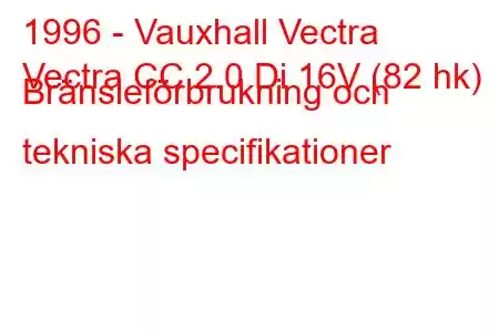 1996 - Vauxhall Vectra
Vectra CC 2.0 Di 16V (82 hk) Bränsleförbrukning och tekniska specifikationer