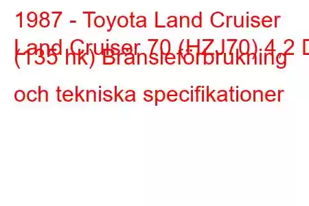 1987 - Toyota Land Cruiser
Land Cruiser 70 (HZJ70) 4,2 D (135 hk) Bränsleförbrukning och tekniska specifikationer