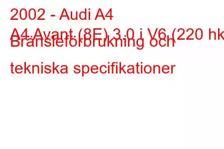 2002 - Audi A4
A4 Avant (8E) 3.0 i V6 (220 hk) Bränsleförbrukning och tekniska specifikationer