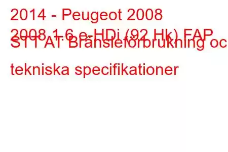 2014 - Peugeot 2008
2008 1.6 e-HDi (92 Hk) FAP STT AT Bränsleförbrukning och tekniska specifikationer