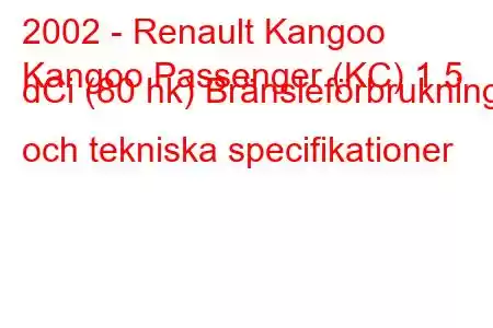 2002 - Renault Kangoo
Kangoo Passenger (KC) 1,5 dCi (80 hk) Bränsleförbrukning och tekniska specifikationer