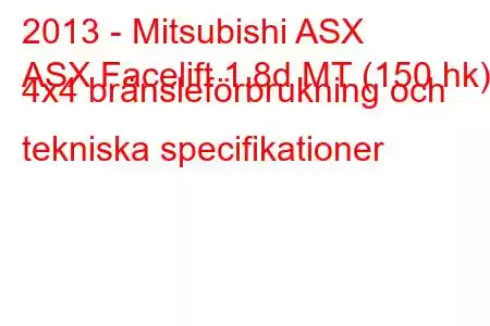 2013 - Mitsubishi ASX
ASX Facelift 1.8d MT (150 hk) 4x4 bränsleförbrukning och tekniska specifikationer