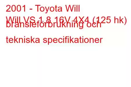 2001 - Toyota Will
Will VS 1.8 16V 4X4 (125 hk) bränsleförbrukning och tekniska specifikationer