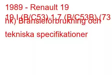 1989 - Renault 19
19 I (B/C53) 1,7 (B/C53B) (73 hk) Bränsleförbrukning och tekniska specifikationer