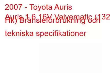 2007 - Toyota Auris
Auris 1.6 16V Valvematic (132 Hk) Bränsleförbrukning och tekniska specifikationer