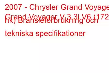 2007 - Chrysler Grand Voyager
Grand Voyager V 3.3i V6 (172 hk) Bränsleförbrukning och tekniska specifikationer