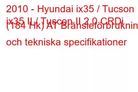 2010 - Hyundai ix35 / Tucson
ix35 II / Tuscon II 2.0 CRDi (184 Hk) AT Bränsleförbrukning och tekniska specifikationer