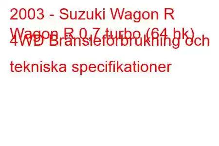 2003 - Suzuki Wagon R
Wagon R 0,7 turbo (64 hk) 4WD Bränsleförbrukning och tekniska specifikationer