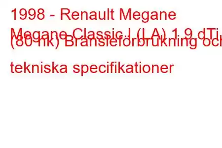 1998 - Renault Megane
Megane Classic I (LA) 1,9 dTi (80 hk) Bränsleförbrukning och tekniska specifikationer