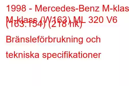 1998 - Mercedes-Benz M-klass
M-klass (W163) ML 320 V6 (163.154) (218 hk) Bränsleförbrukning och tekniska specifikationer