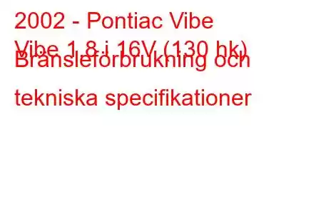 2002 - Pontiac Vibe
Vibe 1.8 i 16V (130 hk) Bränsleförbrukning och tekniska specifikationer