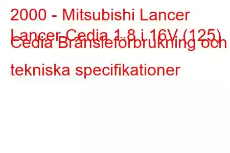 2000 - Mitsubishi Lancer
Lancer Cedia 1.8 i 16V (125) Cedia Bränsleförbrukning och tekniska specifikationer