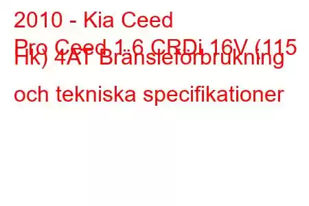 2010 - Kia Ceed
Pro Ceed 1.6 CRDi 16V (115 Hk) 4AT Bränsleförbrukning och tekniska specifikationer