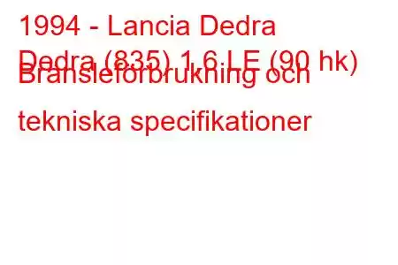 1994 - Lancia Dedra
Dedra (835) 1,6 LE (90 hk) Bränsleförbrukning och tekniska specifikationer