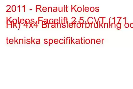 2011 - Renault Koleos
Koleos Facelift 2.5 CVT (171 Hk) 4x4 Bränsleförbrukning och tekniska specifikationer