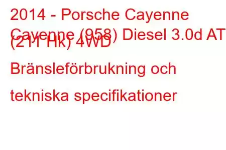 2014 - Porsche Cayenne
Cayenne (958) Diesel 3.0d AT (211 Hk) 4WD Bränsleförbrukning och tekniska specifikationer