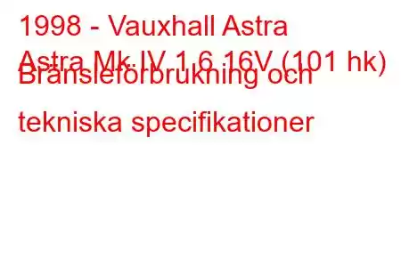 1998 - Vauxhall Astra
Astra Mk IV 1.6 16V (101 hk) Bränsleförbrukning och tekniska specifikationer